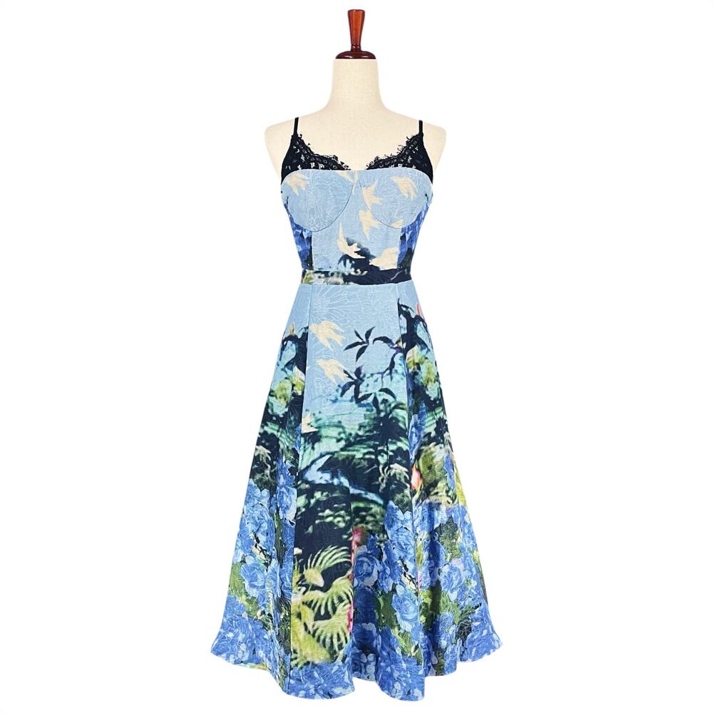 TRACY REESE for ANTHROPOLOGIE Scenic View Blue Linen-Silk Full Midi Dress Sz 12